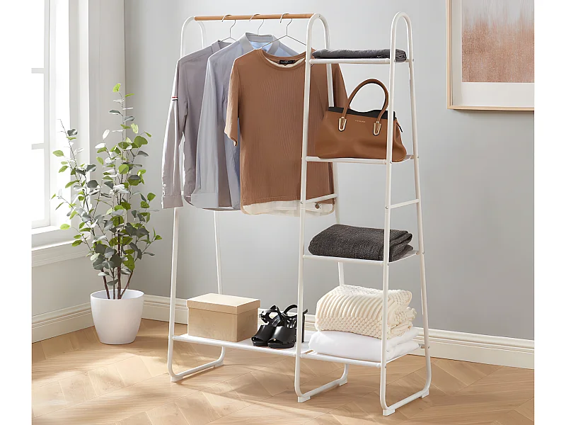 Portant vêtements avec 5 lingères - L100 cm - Métal blanc et bois de hêtre - DOGU