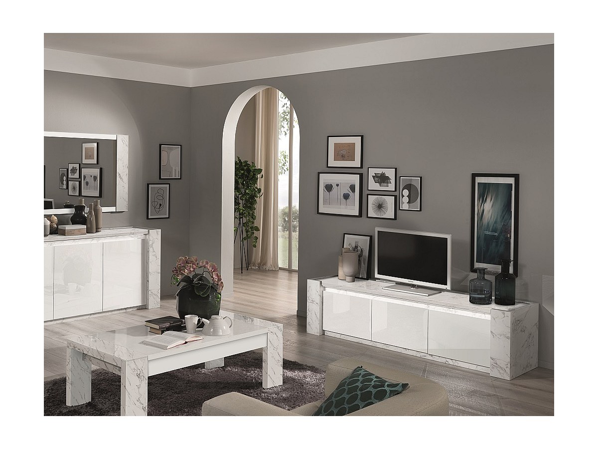 Modernes TV-Möbel - Mit LEDs - 3 Türen - Weiß lackiert und Marmor-Optik