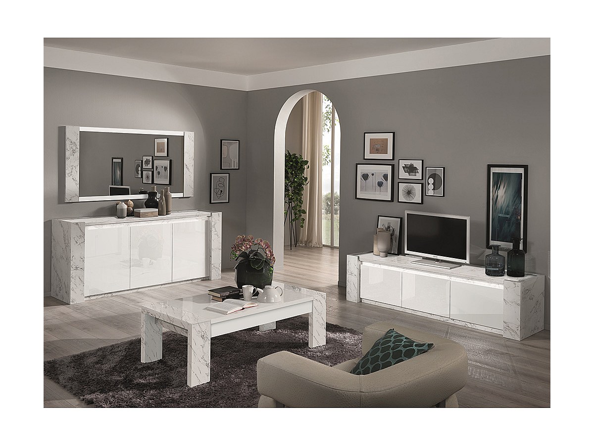 Aparador con LEDs - 3 puertas - Lacado - Blanco lacado y efecto mármol