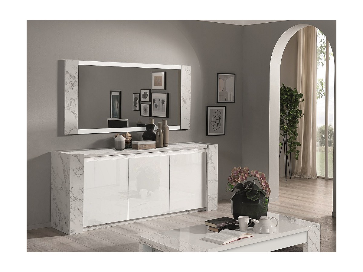 Sideboard mit LEDs - 3 Türen - Lackiert - Weiß lackiert und Marmor