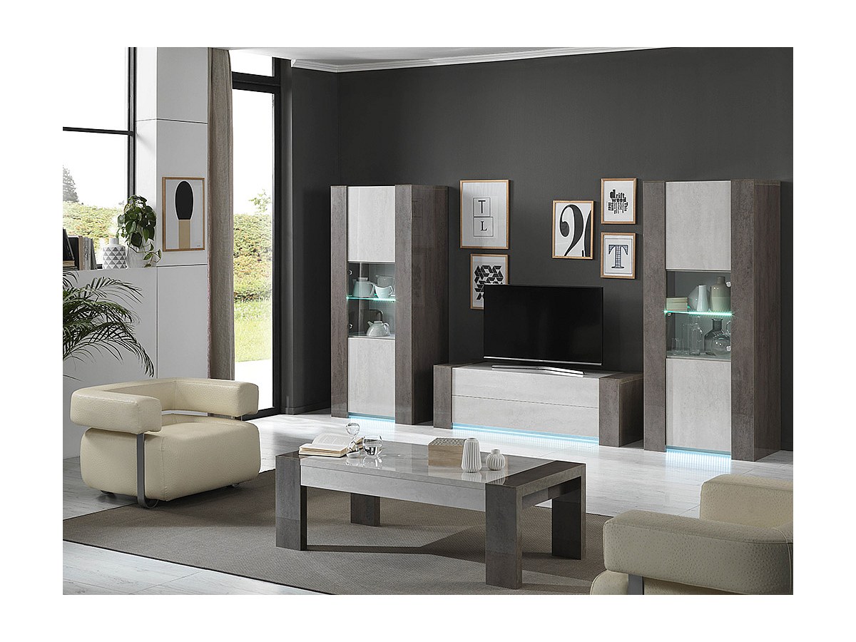 TV-Möbel mit LEDs - 2 Schubladen - Weiß lackiert und Beton-Optik - ZEKIO