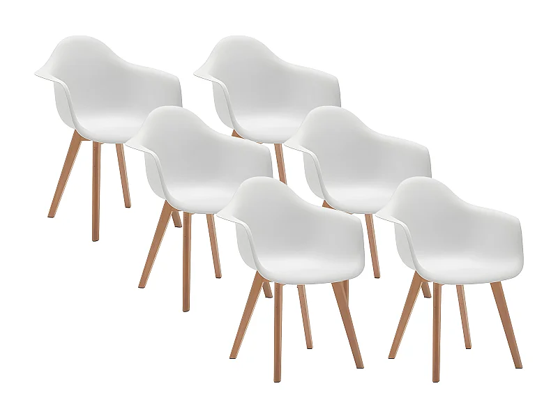 Lot de 6 chaises avec accoudoirs VIXI - Polypropylène et Hêtre - Blanc