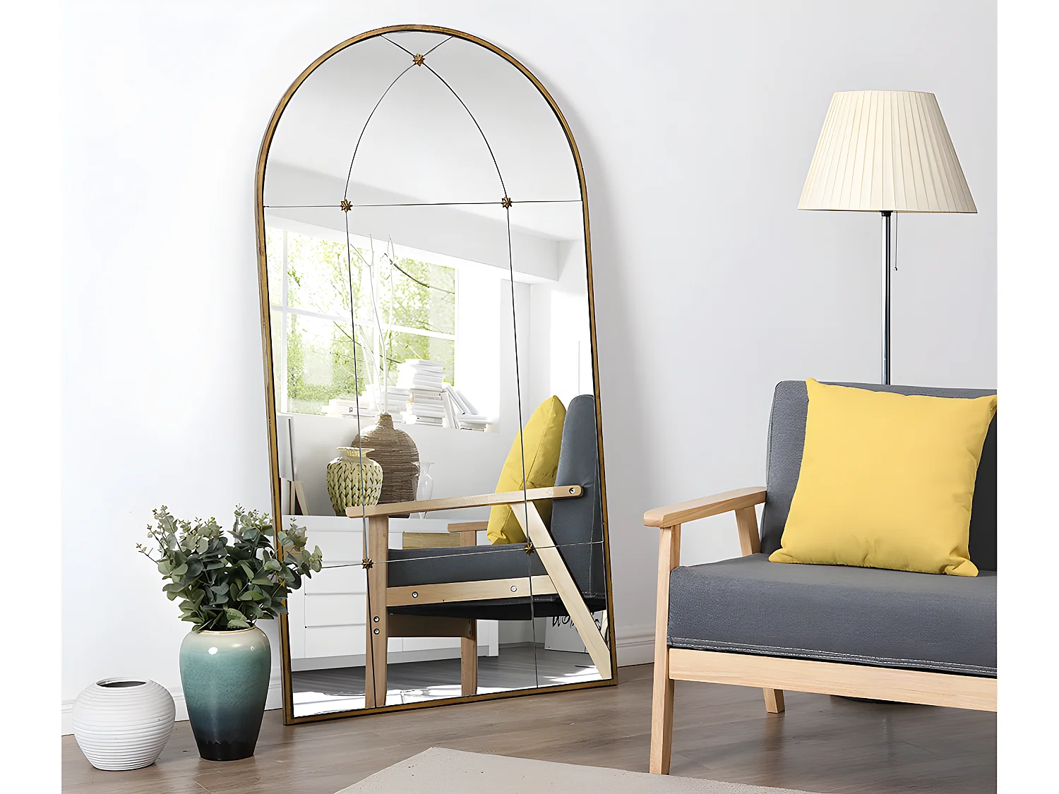 Miroir fenêtre vintage en métal - L. 80 x H. 150 cm -Doré antique - PALMYRE