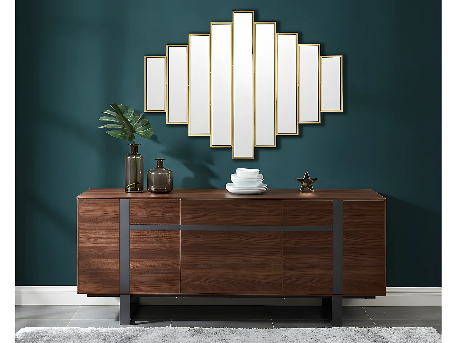 Miroir Art Deco symétrique en métal - L. 120 x H. 90 cm - Doré - GALICE