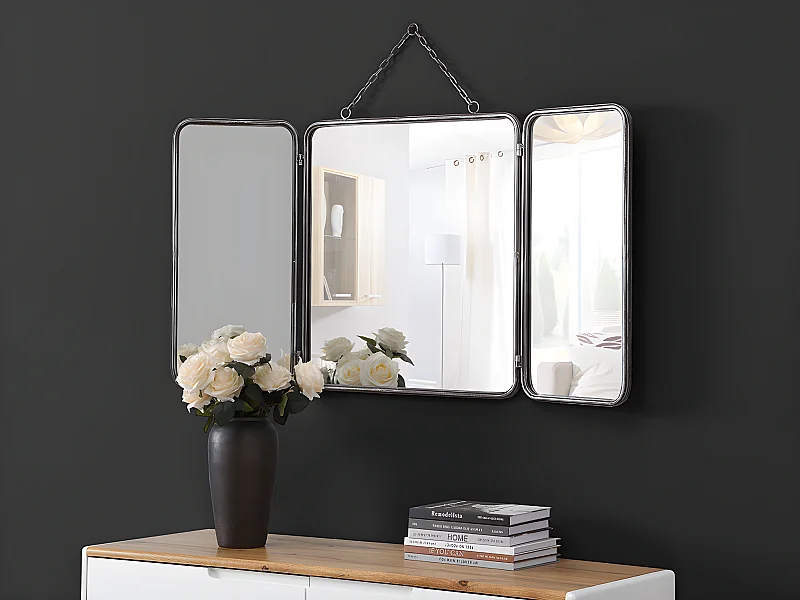 Miroir de barbier vintage en métal - L. 112 x H. 60 cm - Gris métallisé - CERRONE