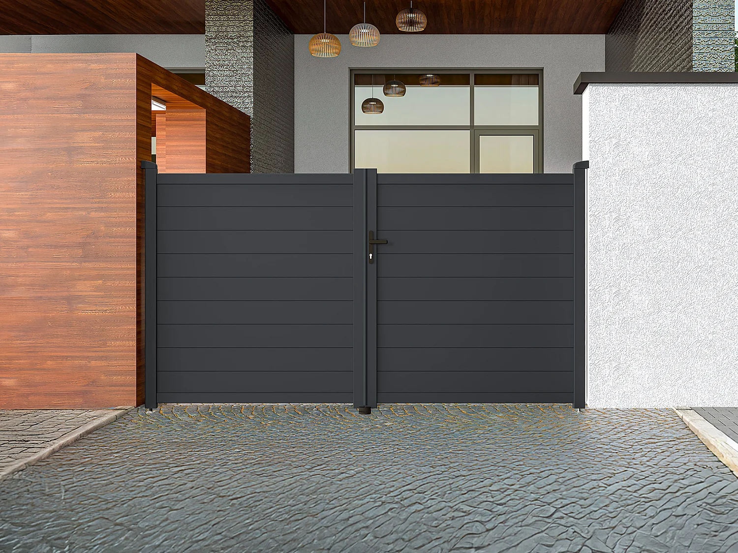 Portail électrique battant aluminium plein L305 x H166 cm anthracite - NAZARIO