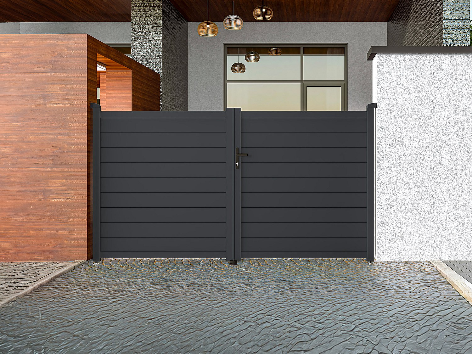 Vente-unique Gartentor Flügeltor Doppeltor Mit Torantrieb - 305 X 166 Cm - Voll - Aluminium - Anthrazit - Nazario
