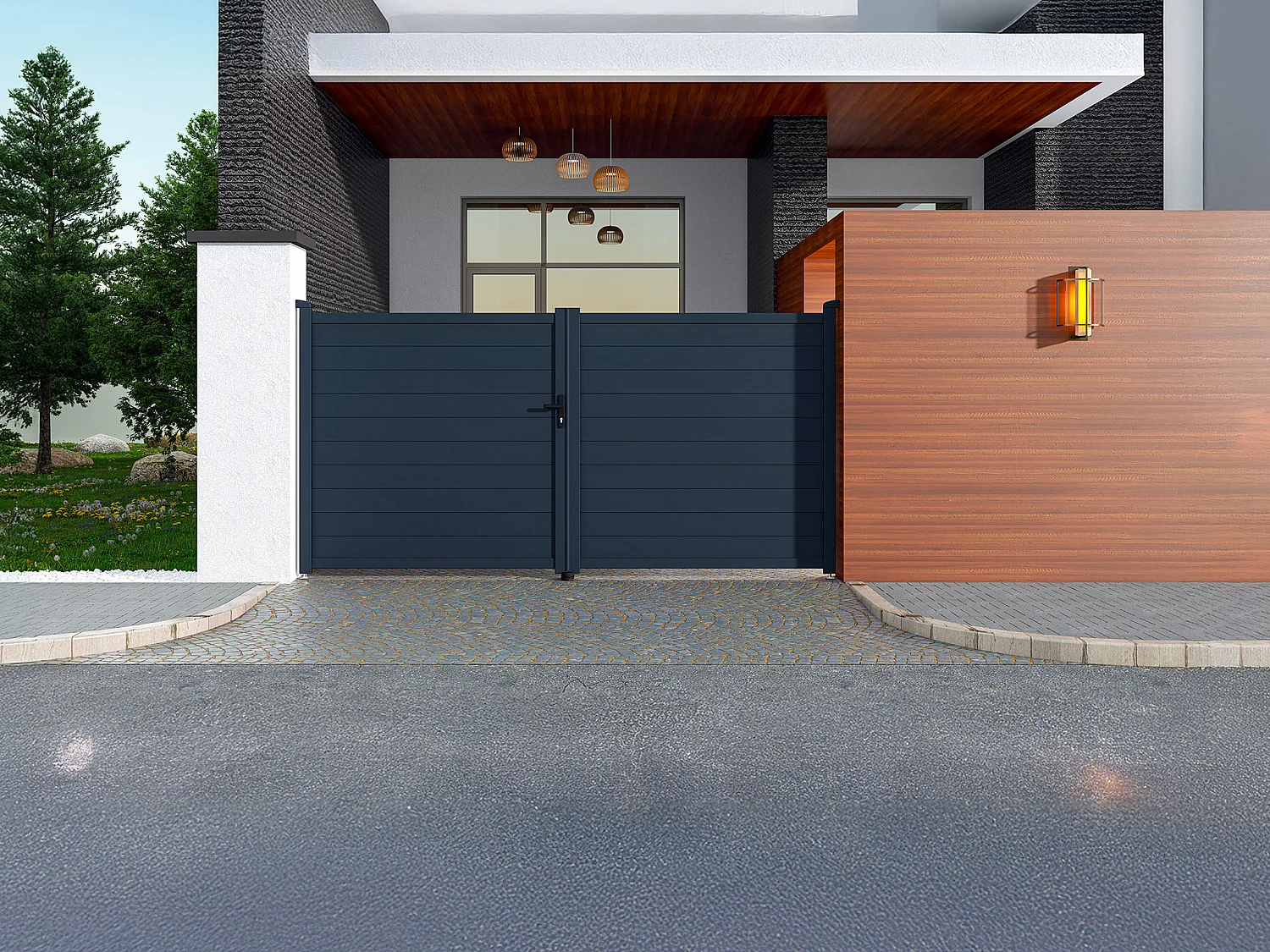 Portail électrique battant aluminium plein L355 x H181 cm anthracite - NAZARIO