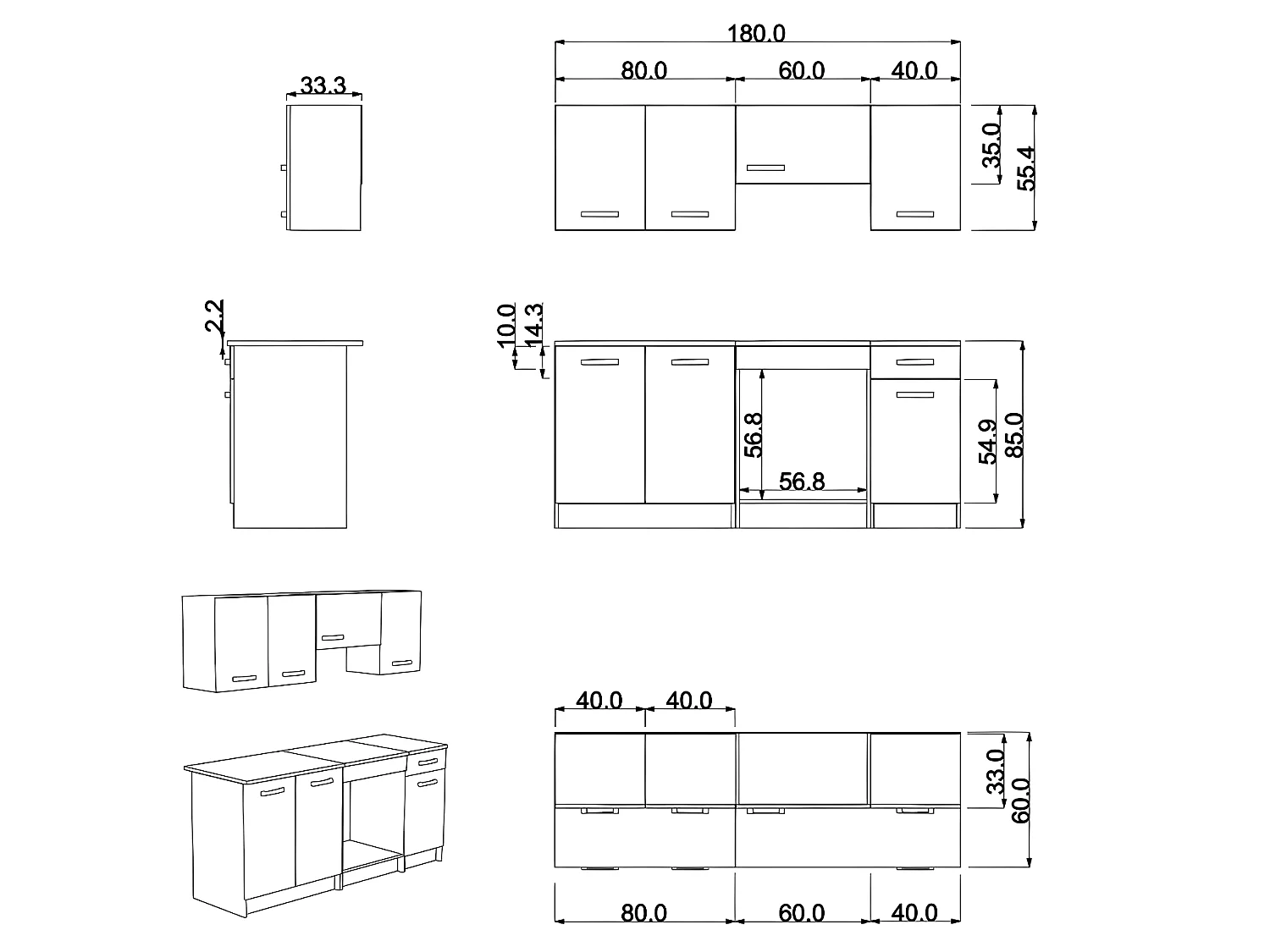Küchenzeile - mit Arbeitsplatte 180 cm - Weiß glänzend - TRATTORIA