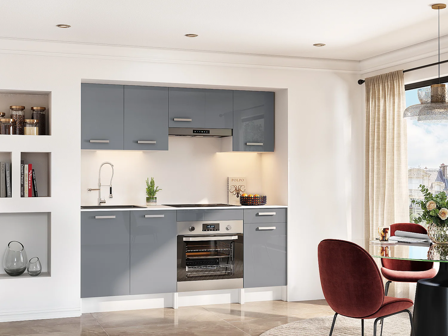 Komplet køkken - Med bordplade 180 cm - Skinnende grå og hvid - TRATTORIA