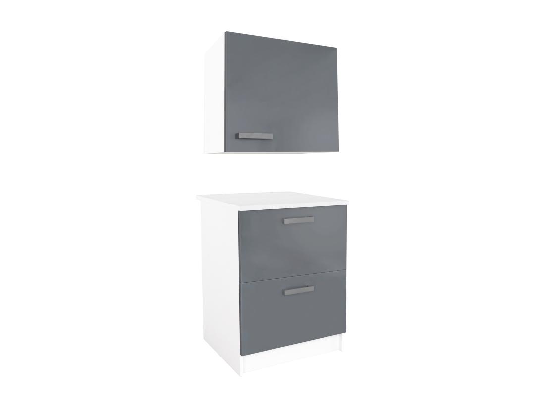 vente unique Caissons de cuisine - 1 meuble bas & 1 meuble haut - 2 tiroirs & 1 porte - Gris brillant & Blanc - TRATTORIA
