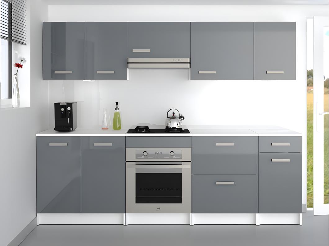 Cuisine complète - Avec plan de travail 240 cm - Gris brillant & Blanc - TRATTORIA