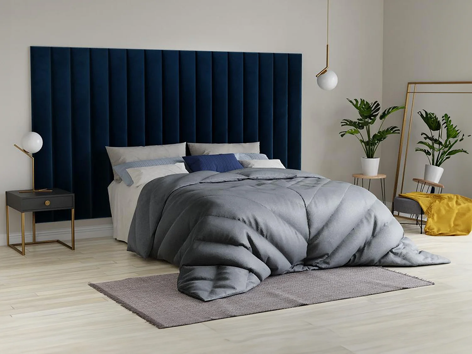 Panneaux muraux tête de lit - 220 cm - Velours - Bleu - GONDA de Pascal Morabito