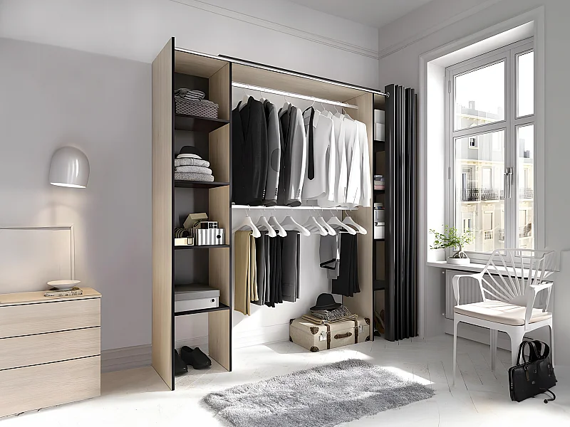 Dressing extensible DORIAN avec rideau - L110/180 cm - Coloris : Chêne et anthracite