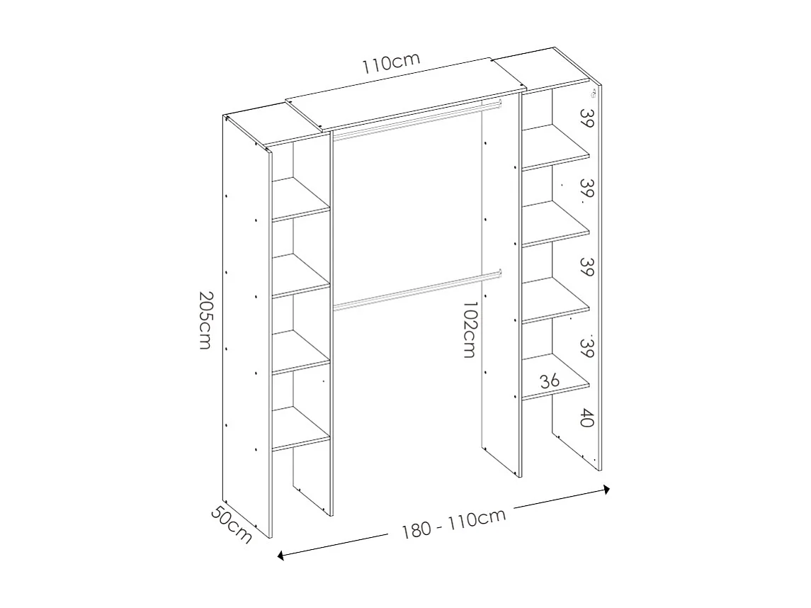 Armario ropero extensible DORIAN con cortina - Ancho 110/180 cm - Color: roble y antracita