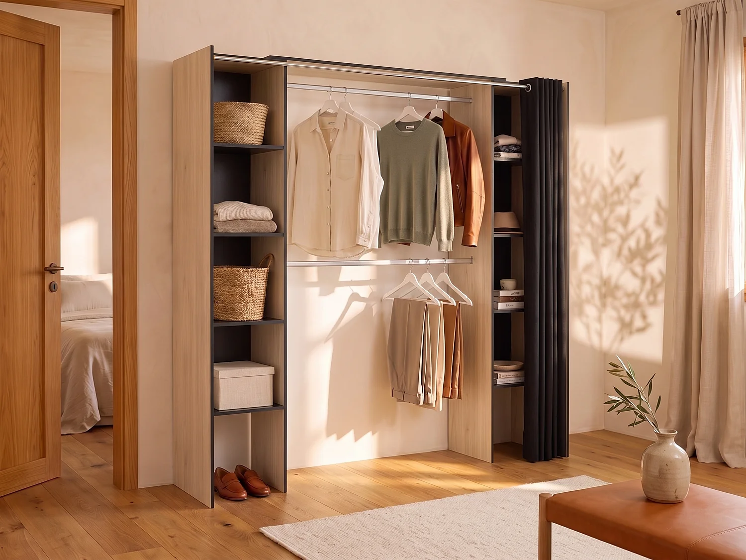 Dressing extensible DORIAN avec rideau - L110/180 cm - Coloris : Chêne et anthracite