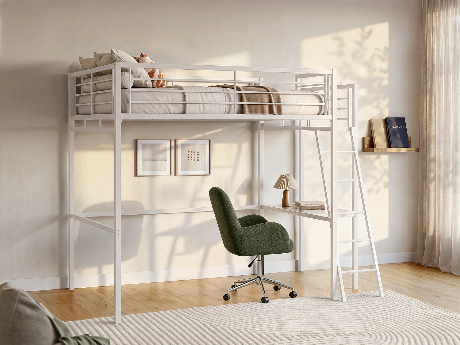 Cama alta CASUAL II - 140 x 190 cm - plataforma escritorio - Blanco