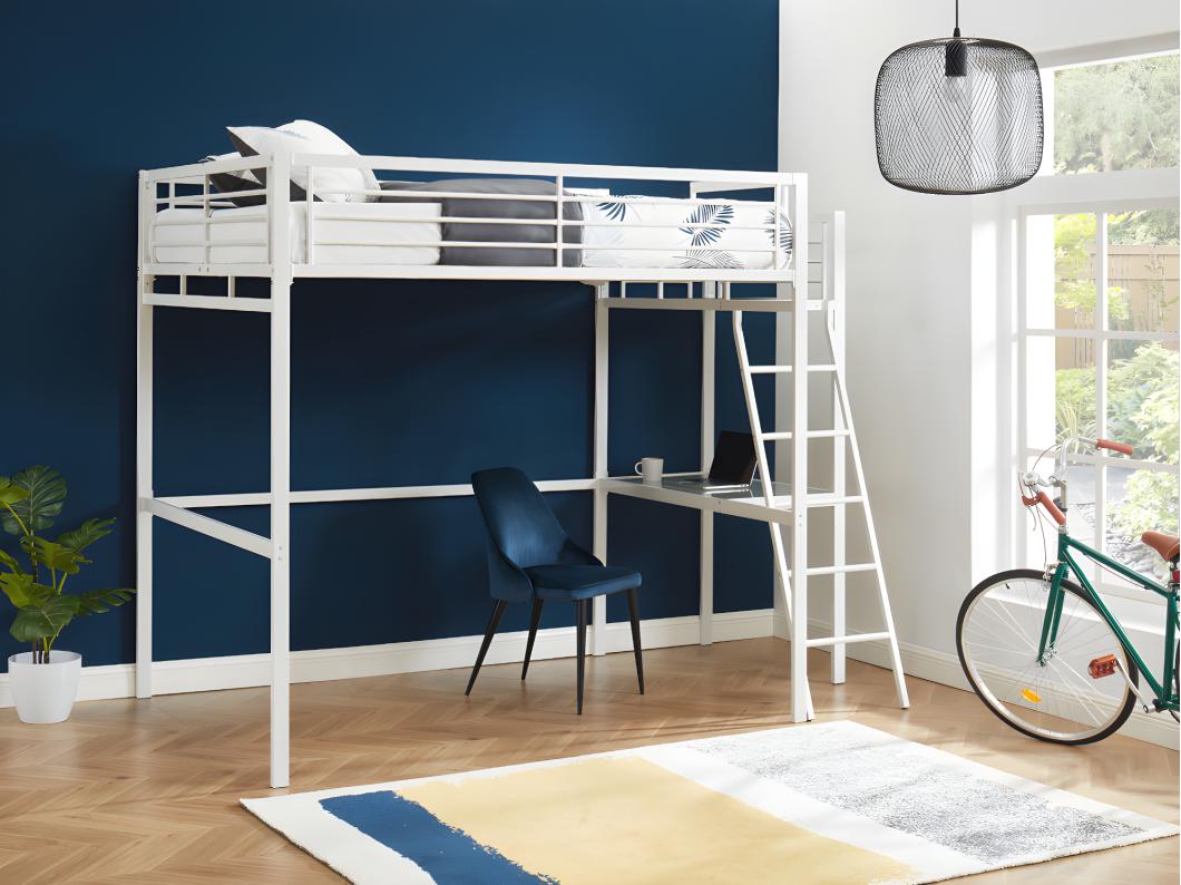 Cama alta CASUAL II - 140 x 190 cm - Tampo de secretária - Branco
