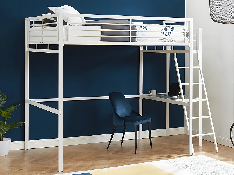 Lit mezzanine CASUAL II - 140 x 190 cm - plateforme bureau - Blanc + matelas