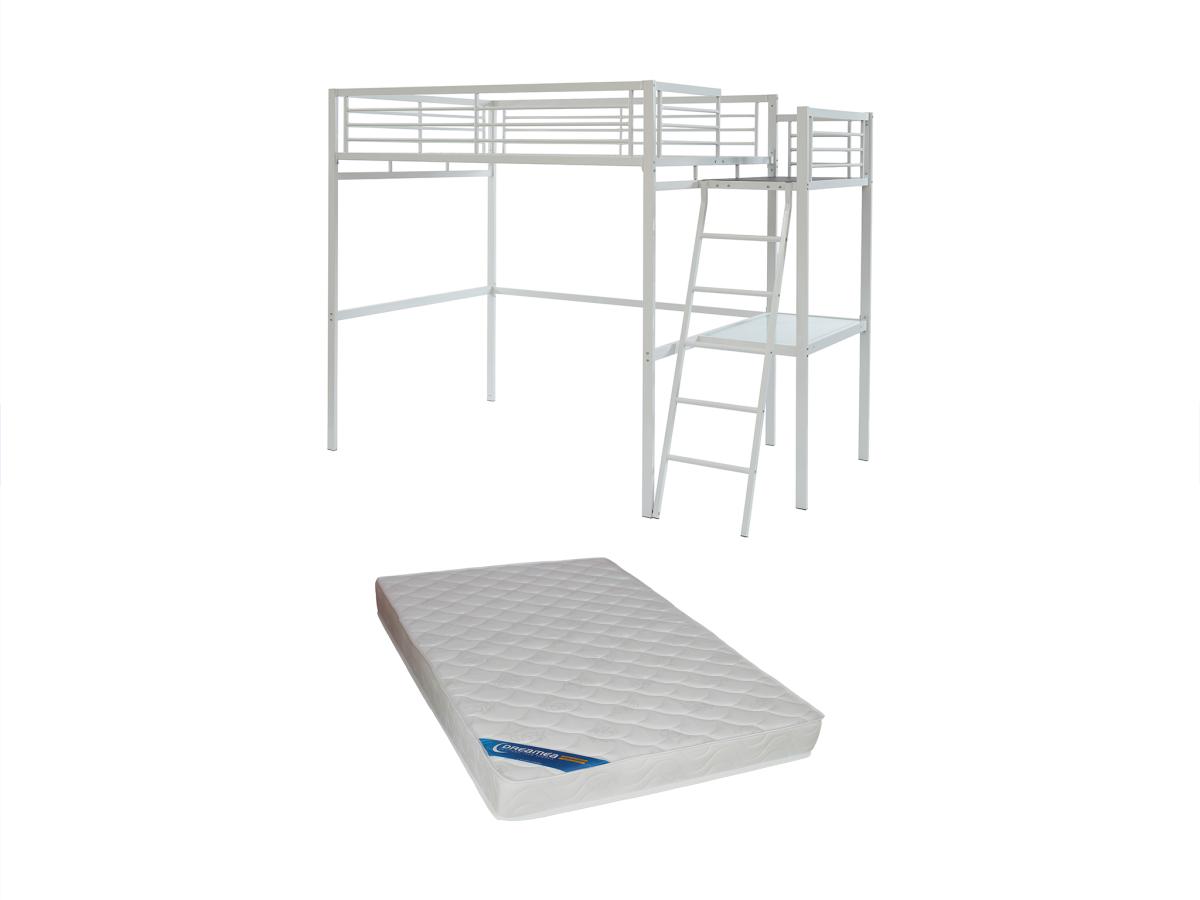 Hochbett mit Schreibtisch + Matratze - 140 x 190 cm - Weiß - CASUAL II günstig online kaufen