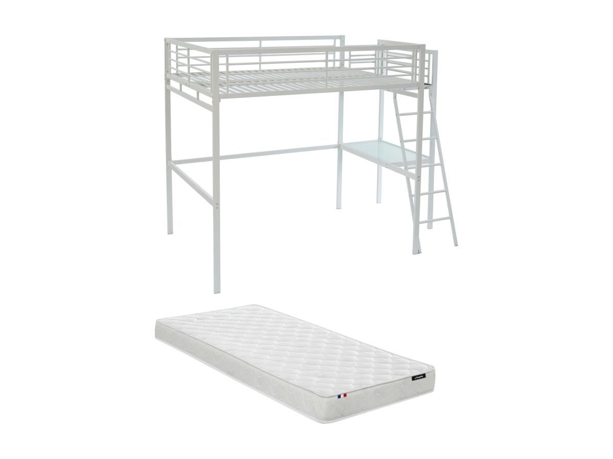 Hochbett mit Schreibtisch + Matratze - 140 x 190 cm - Weiß - CASUAL II günstig online kaufen