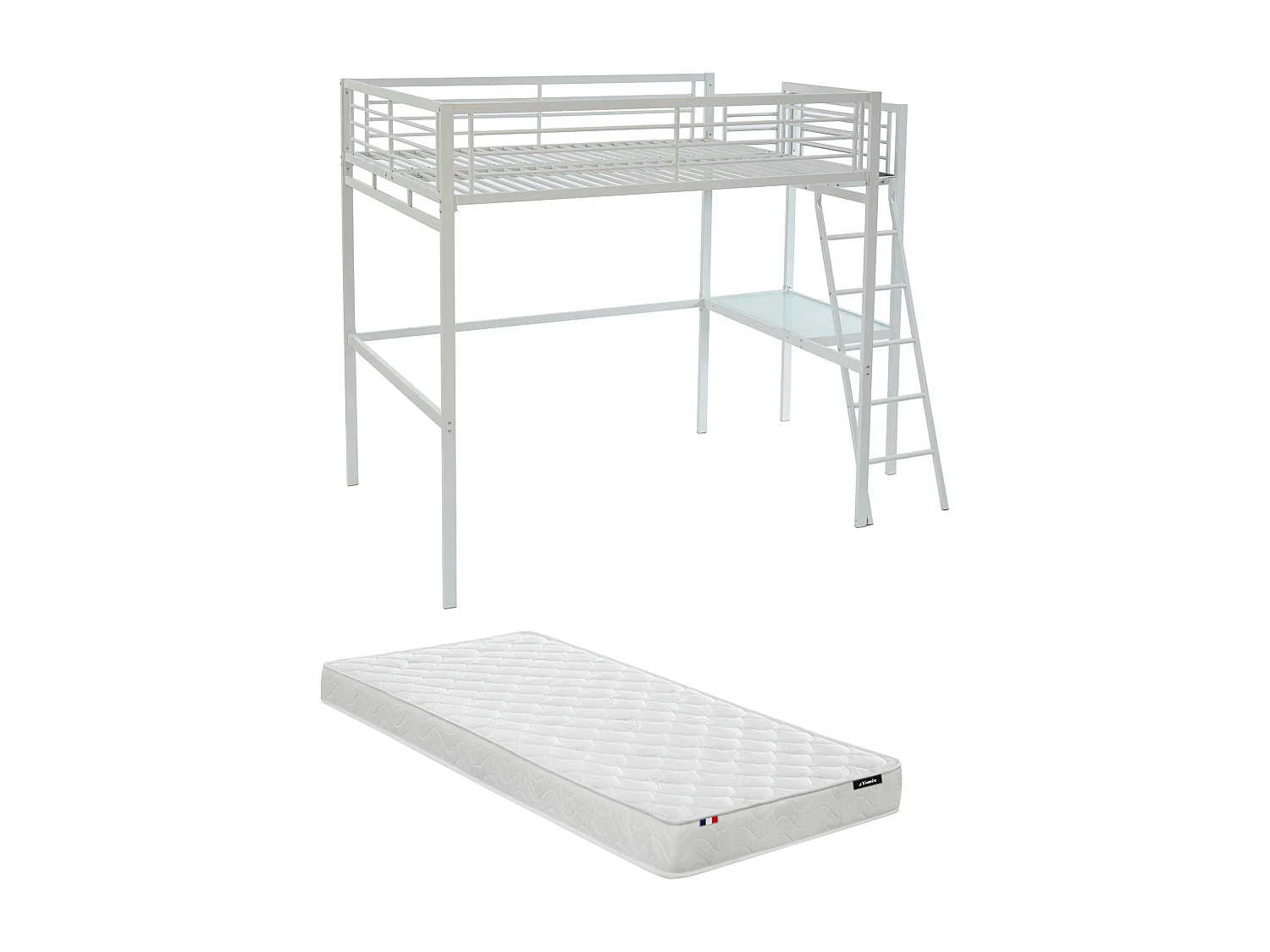 Lit mezzanine CASUAL II - 140 x 190 cm - plateforme bureau - Blanc + matelas
