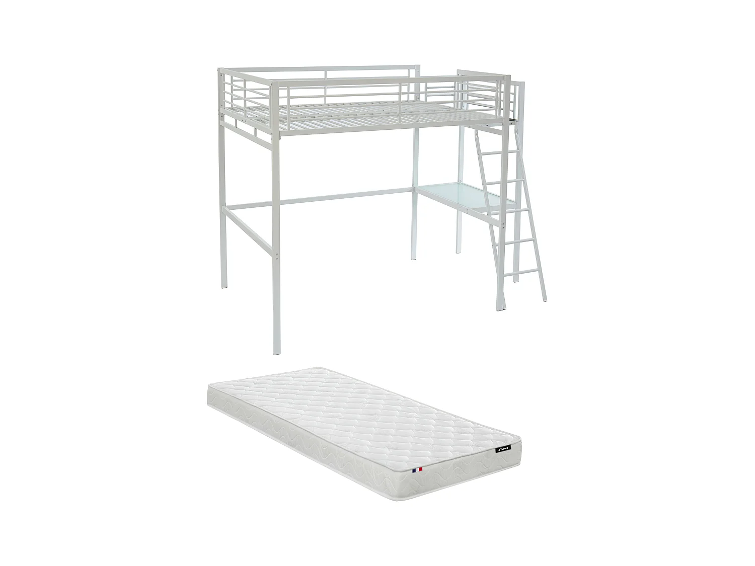 Cama alta CASUAL II - 140 x 190 cm - plataforma escritorio - Blanco + colchón