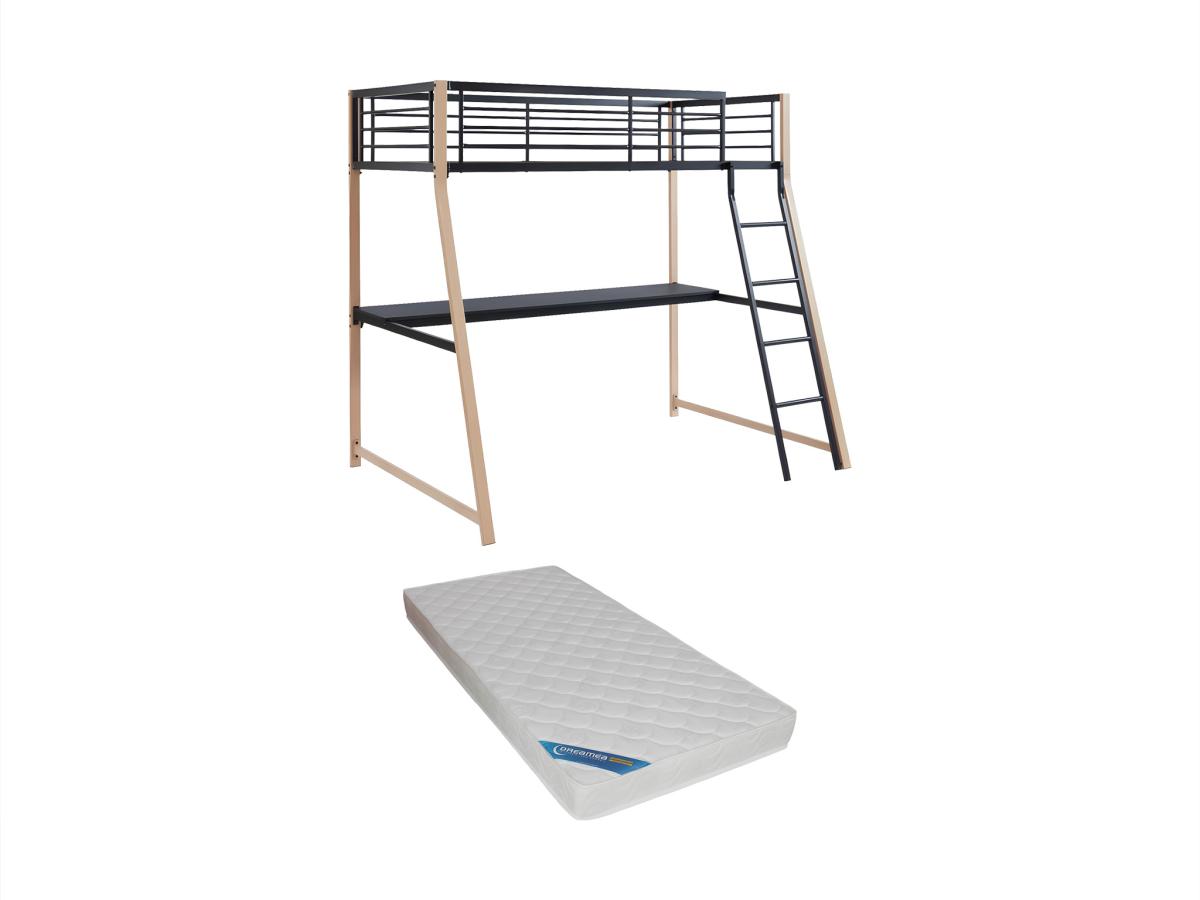 Set: Hochbett + Schreibtisch + Matratze - 90 x 190 cm - Schwarz & Eiche - M günstig online kaufen