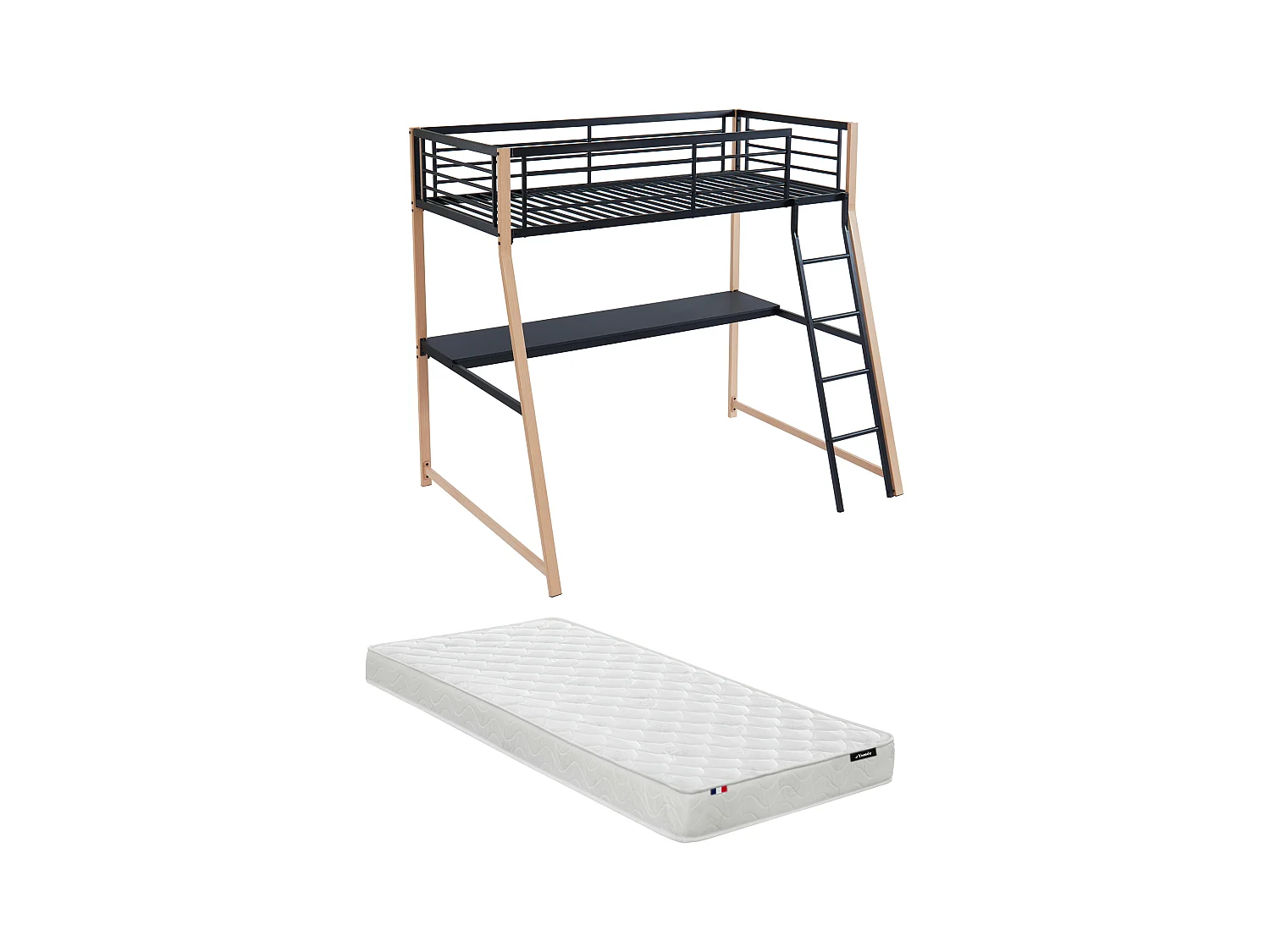 Lit mezzanine MALICIA - 90 x 190 cm - bureau intégré - Noir et chêne + matelas
