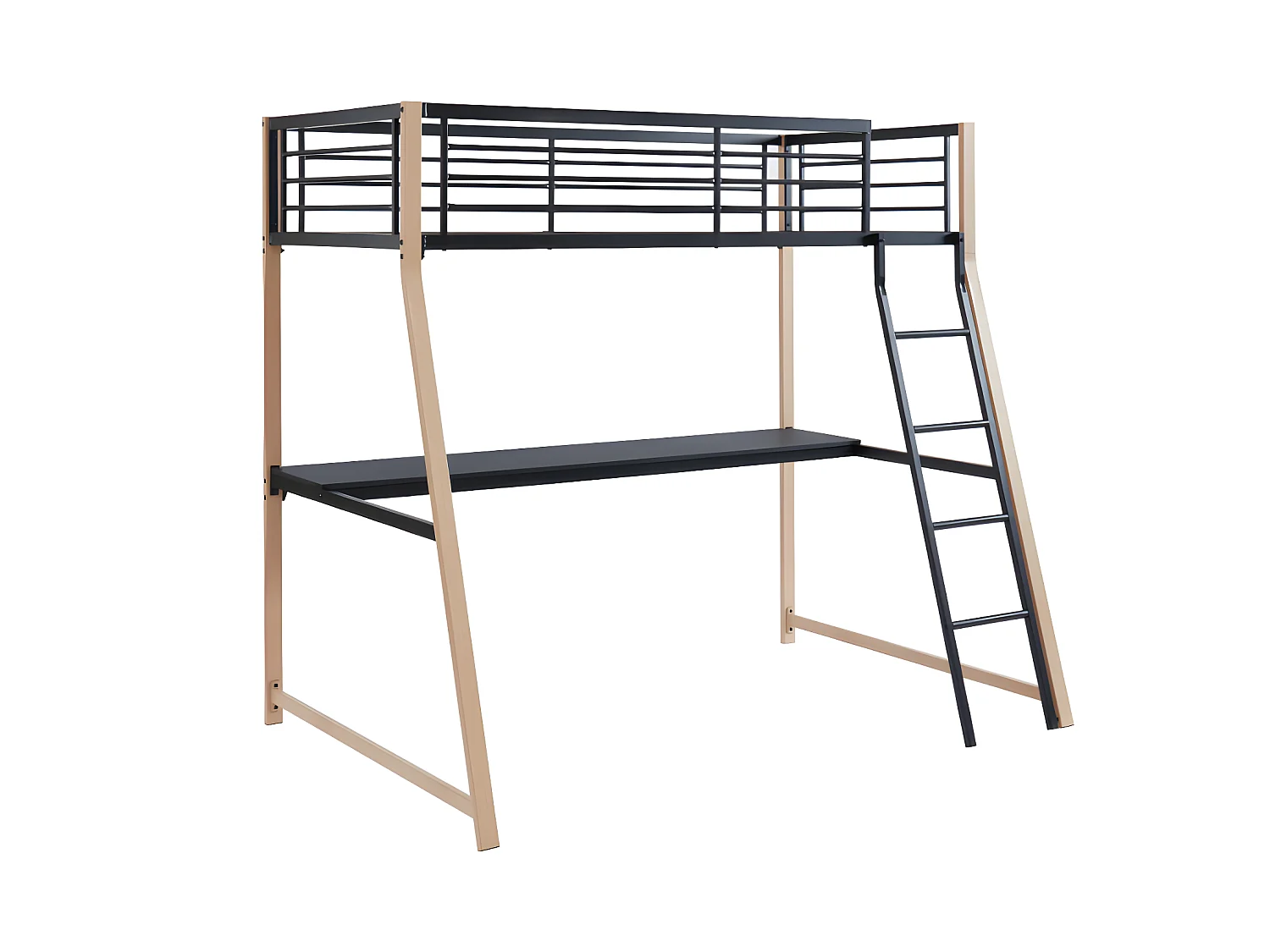 Lit mezzanine MALICIA - 90 x 190 cm - bureau intégré - Noir et chêne + matelas