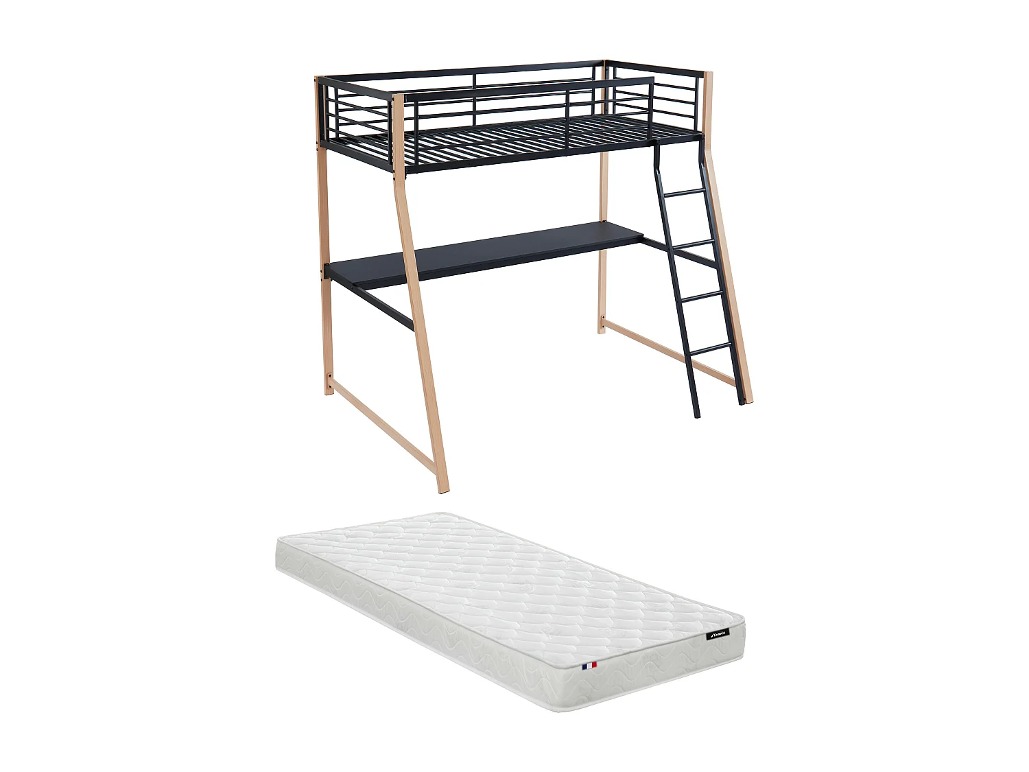 Lit mezzanine MALICIA - 90 x 190 cm - bureau intégré - Noir et chêne + matelas