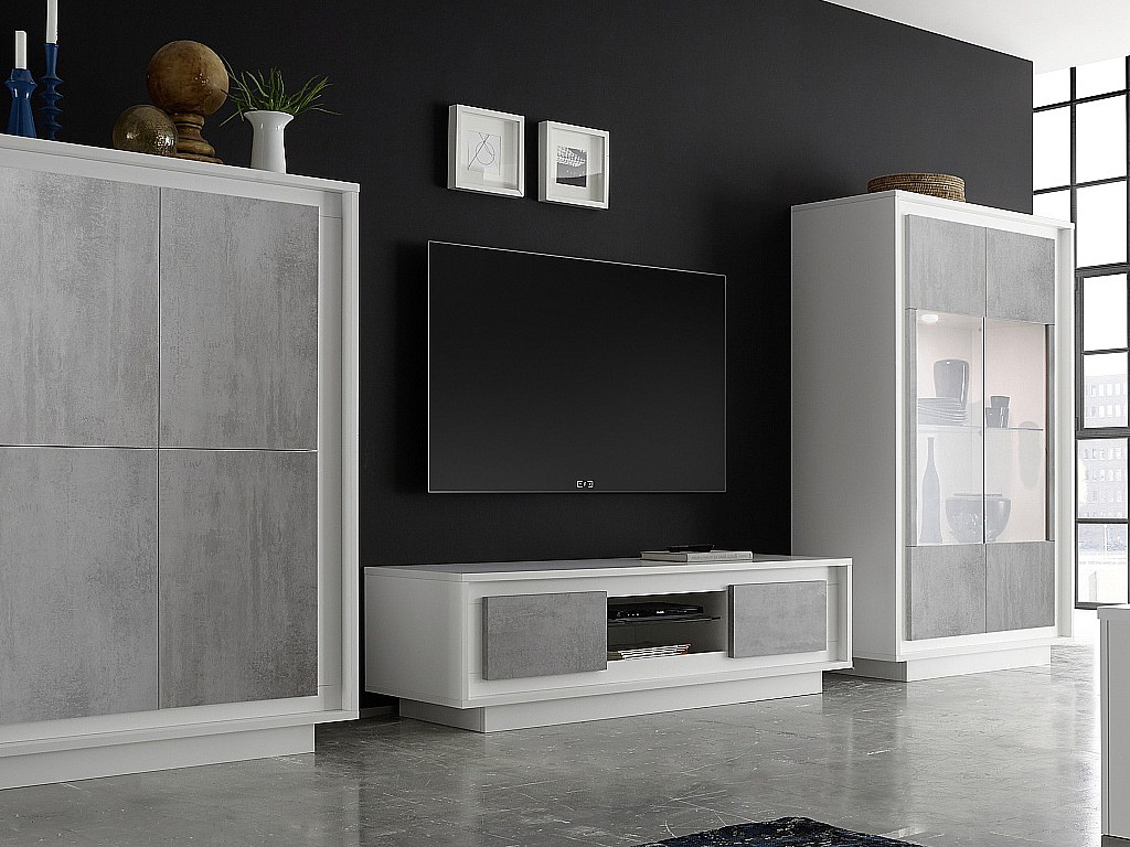 TV-Möbel mit LED-Beleuchtung TARANI - 2 Türen & 1 Ablage - Weiß & Beton-Optik