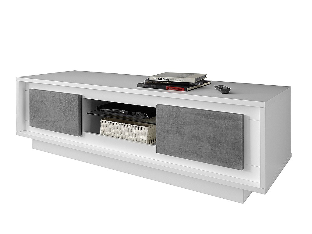 TV-Möbel mit LED-Beleuchtung TARANI - 2 Türen & 1 Ablage - Weiß & Beton