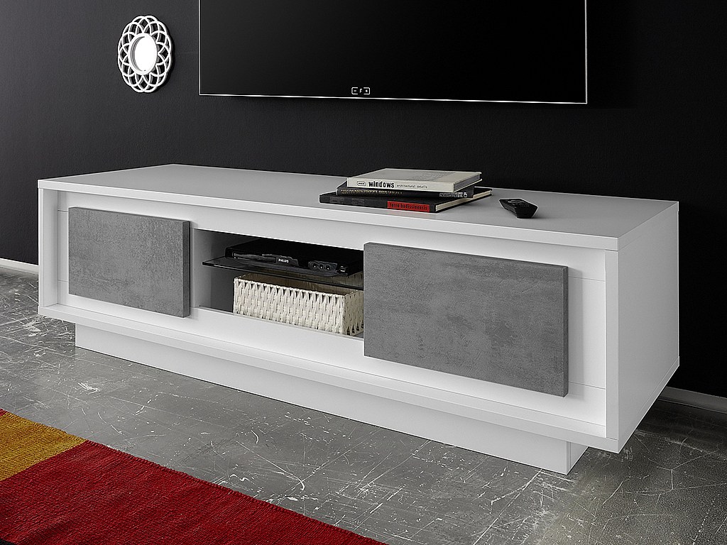 TV-Möbel mit LED-Beleuchtung TARANI - 2 Türen & 1 Ablage - Weiß & Beton