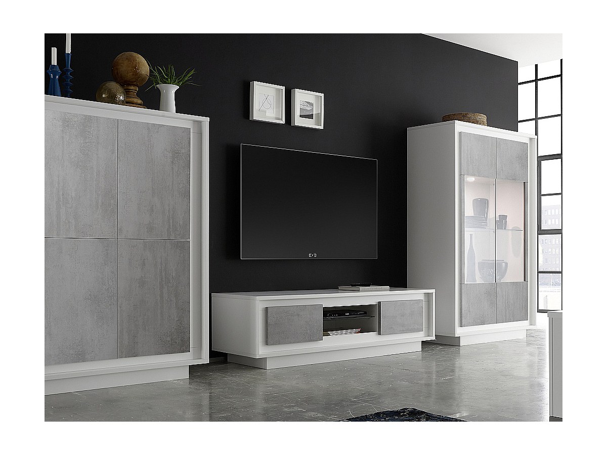 TV-Möbel mit LED-Beleuchtung TARANI - 2 Türen & 1 Ablage - Weiß & Beton