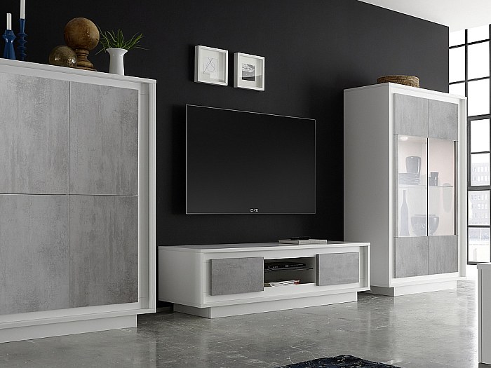 TV-Möbel mit LED-Beleuchtung TARANI - 2 Türen & 1 Ablage - Weiß & Beton