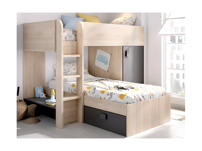 Eck-Hochbett modulierbar - 2 x 90 x 190 cm - mit Stauraum - Holzfarben & Anthrazit + Matratze - RICARDO