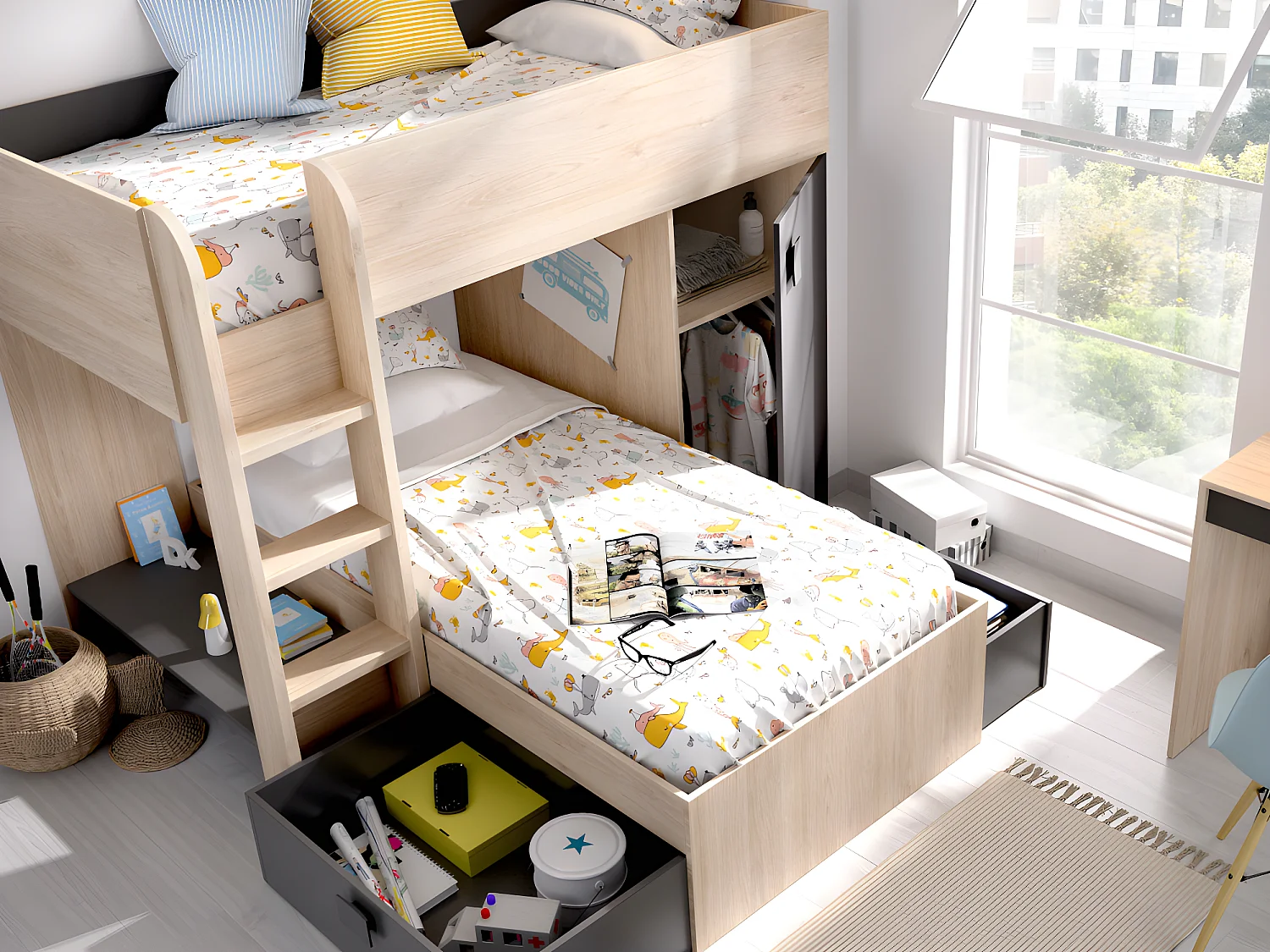 Lits superposés d'angle réversibles RICARDO - 2 x 90 x 190 cm - Rangements intégrés - Chêne et anthracite + matelas