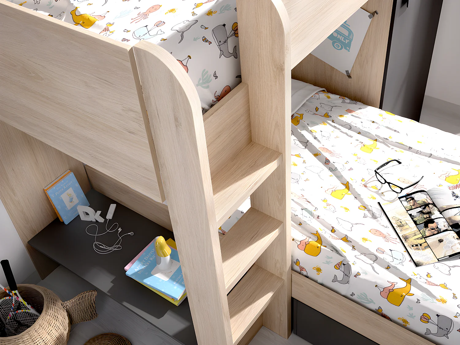 Lits superposés d'angle réversibles RICARDO - 2 x 90 x 190 cm - Rangements intégrés - Chêne et anthracite + matelas