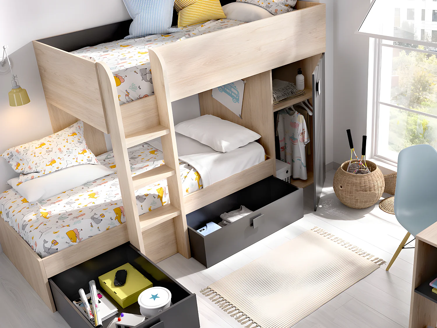 Lits superposés d'angle réversibles RICARDO - 2 x 90 x 190 cm - Rangements intégrés - Chêne et anthracite + matelas