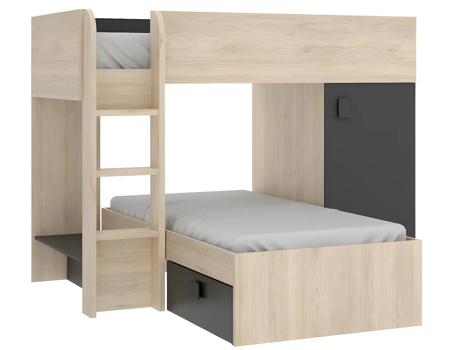 Lits superposés d'angle réversibles RICARDO - 2 x 90 x 190 cm - Rangements intégrés - Chêne et anthracite + matelas
