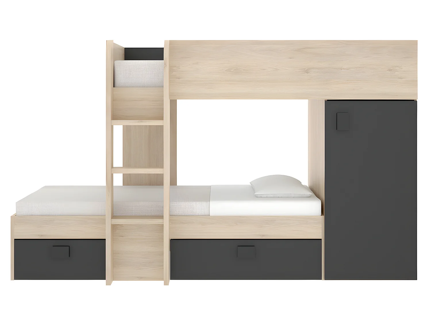 Lits superposés d'angle réversibles RICARDO - 2 x 90 x 190 cm - Rangements intégrés - Chêne et anthracite + matelas