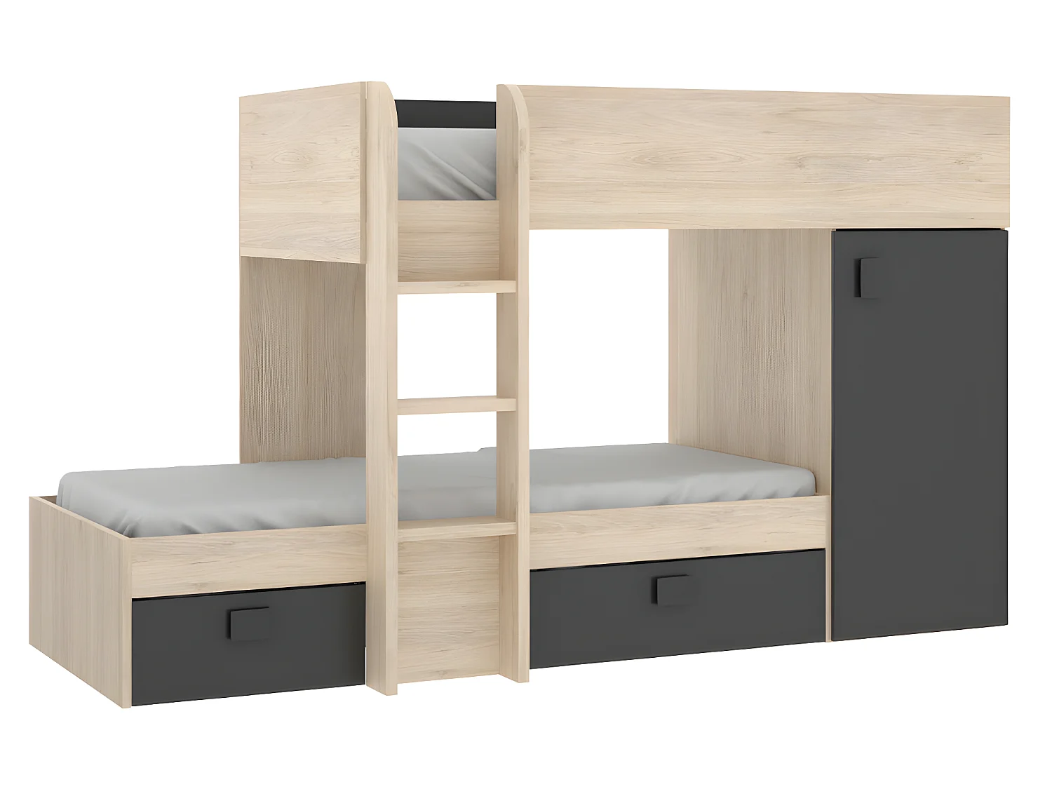 Lits superposés d'angle réversibles RICARDO - 2 x 90 x 190 cm - Rangements intégrés - Chêne et anthracite + matelas
