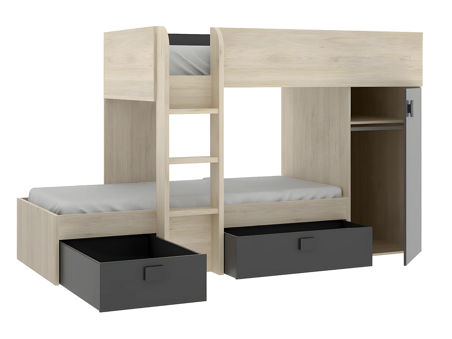 Lits superposés d'angle réversibles RICARDO - 2 x 90 x 190 cm - Rangements intégrés - Chêne et anthracite + matelas