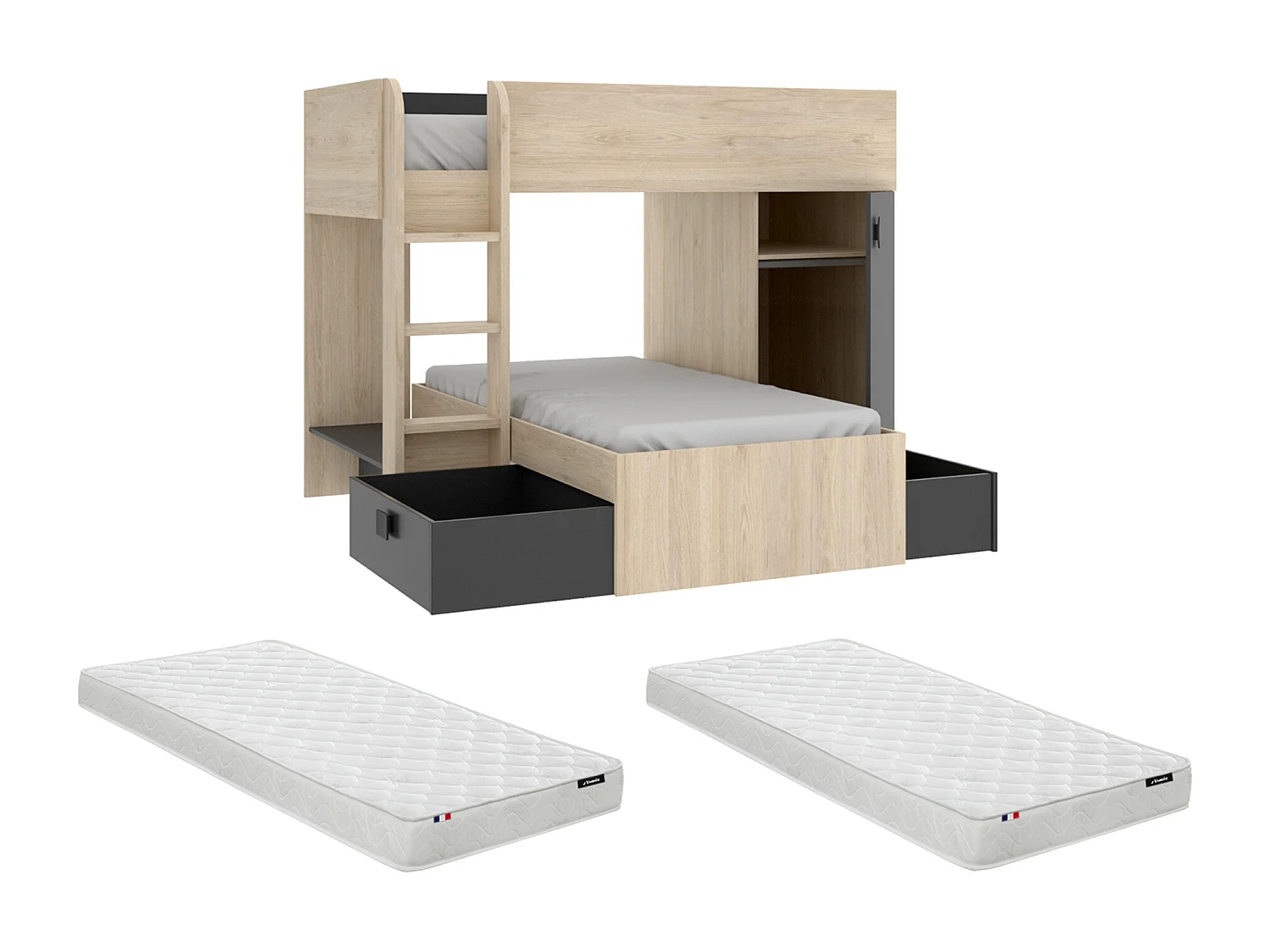 Lits superposés d'angle réversibles RICARDO - 2 x 90 x 190 cm - Rangements intégrés - Chêne et anthracite + matelas