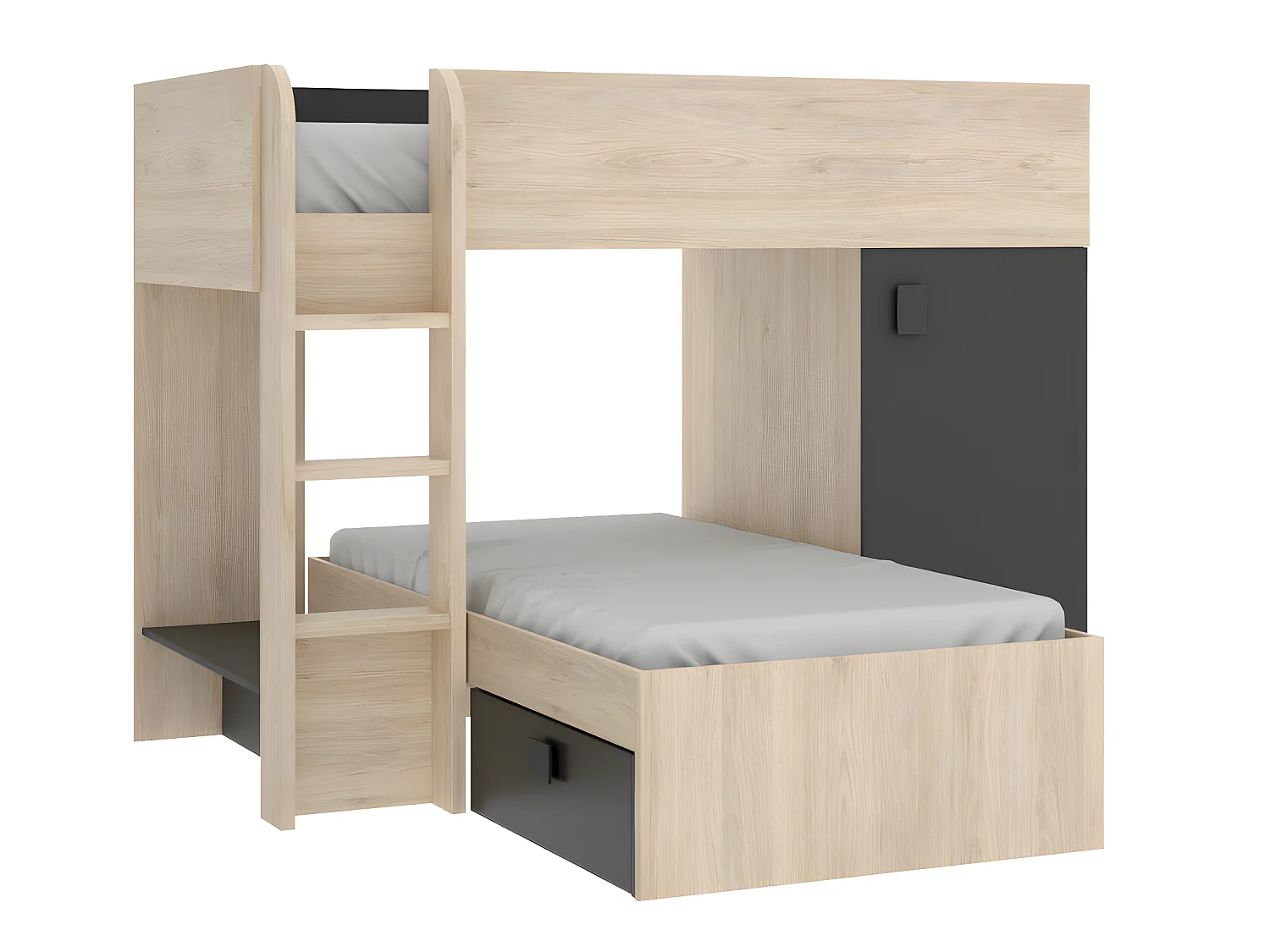 Eck-Hochbett modulierbar - 2 x 90 x 190 cm - mit Stauraum - Holzfarben & Anthrazit + Matratze - RICARDO