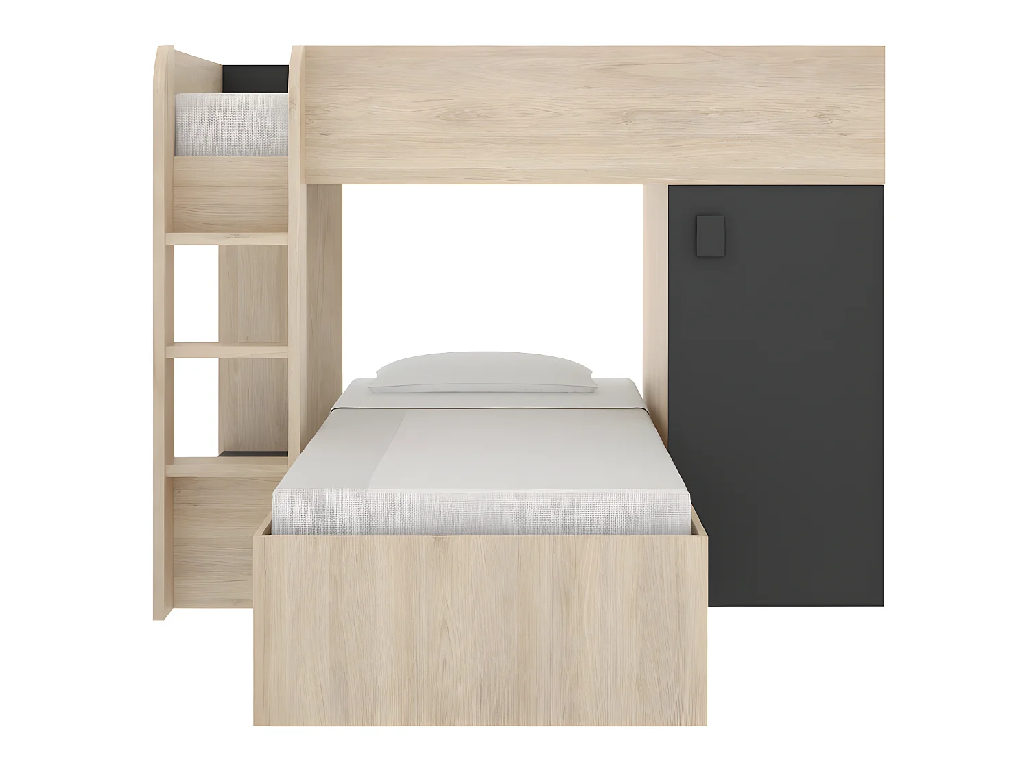 Eck-Hochbett modulierbar - 2 x 90 x 190 cm - mit Stauraum - Holzfarben & Anthrazit + Matratze - RICARDO