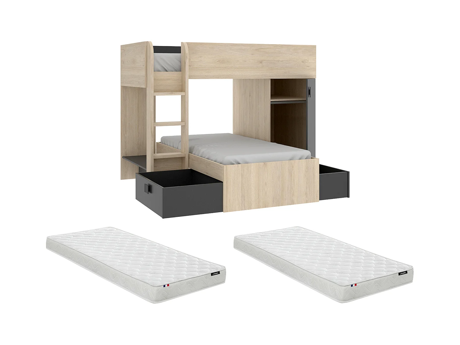 Eck-Hochbett modulierbar - 2 x 90 x 190 cm - mit Stauraum - Holzfarben & Anthrazit + Matratze - RICARDO