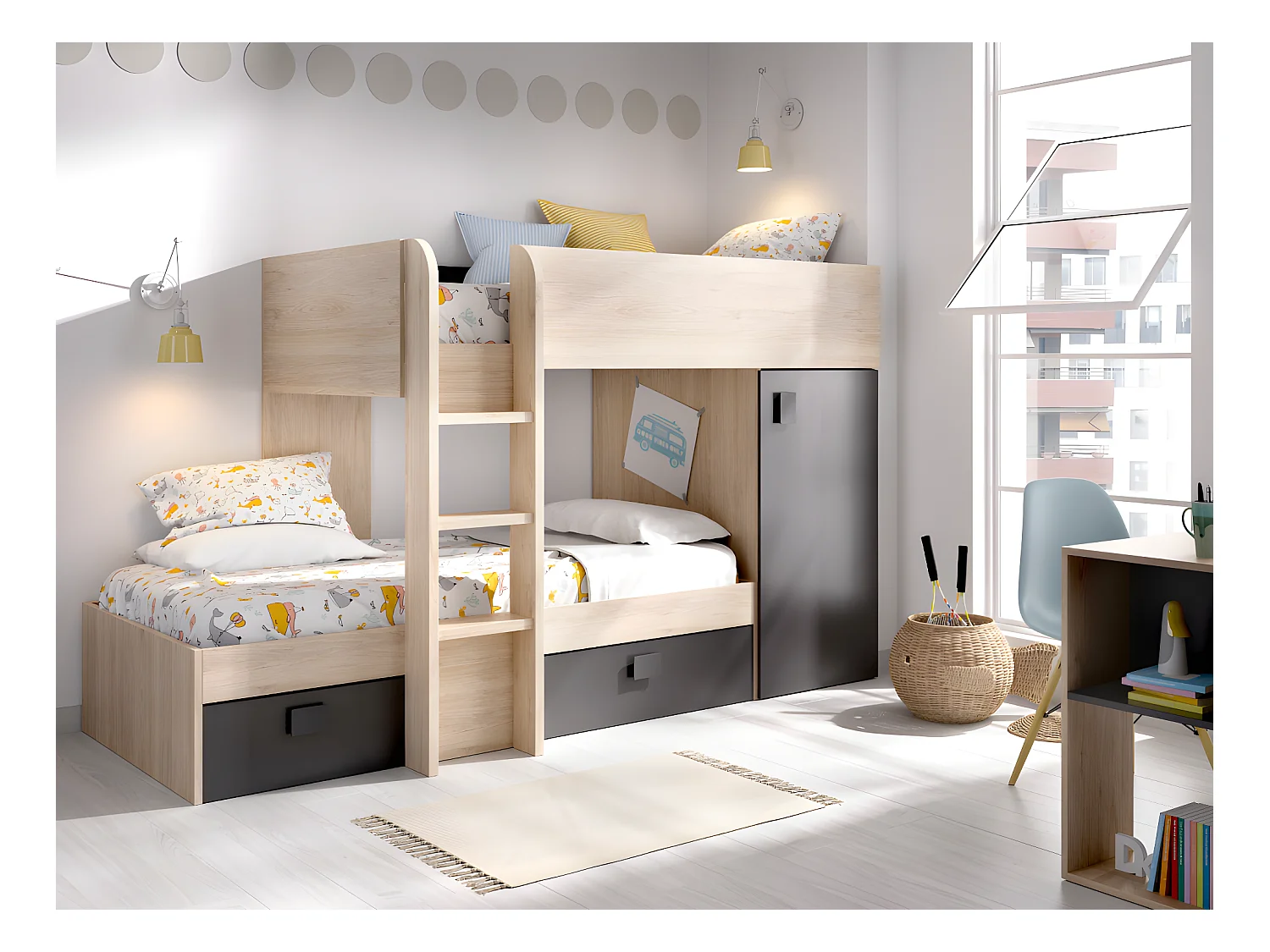 Eck-Hochbett modulierbar - 2 x 90 x 190 cm - mit Stauraum - Holzfarben & Anthrazit + Matratze - RICARDO