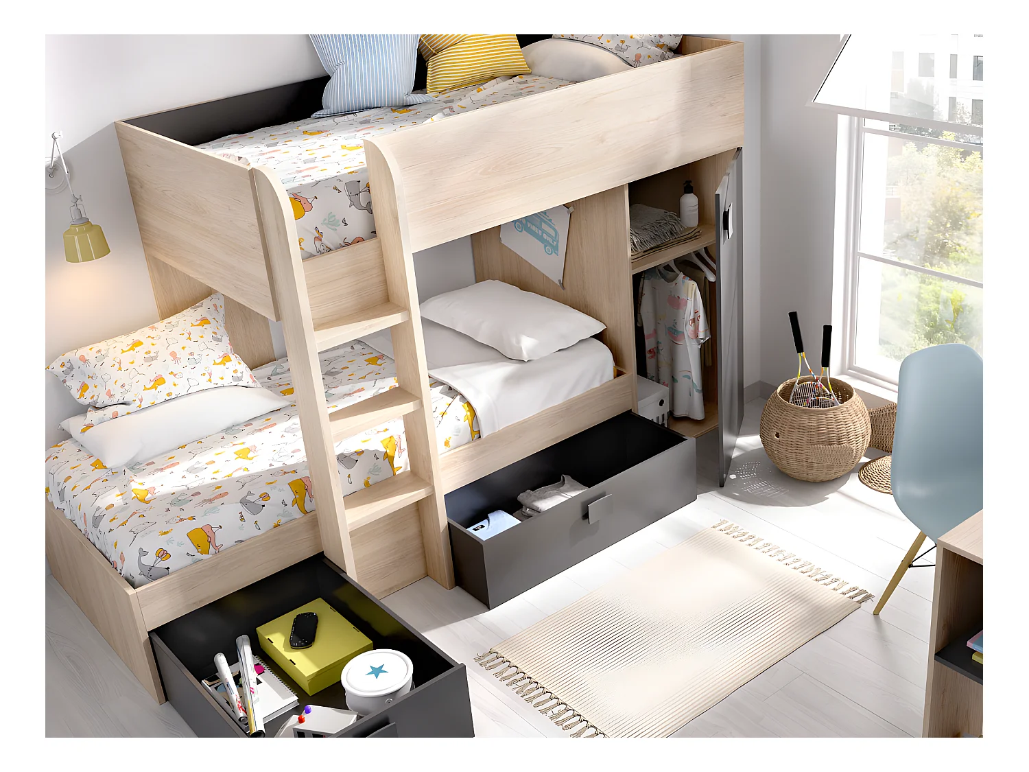 Eck-Hochbett modulierbar - 2 x 90 x 190 cm - mit Stauraum - Holzfarben & Anthrazit + Matratze - RICARDO